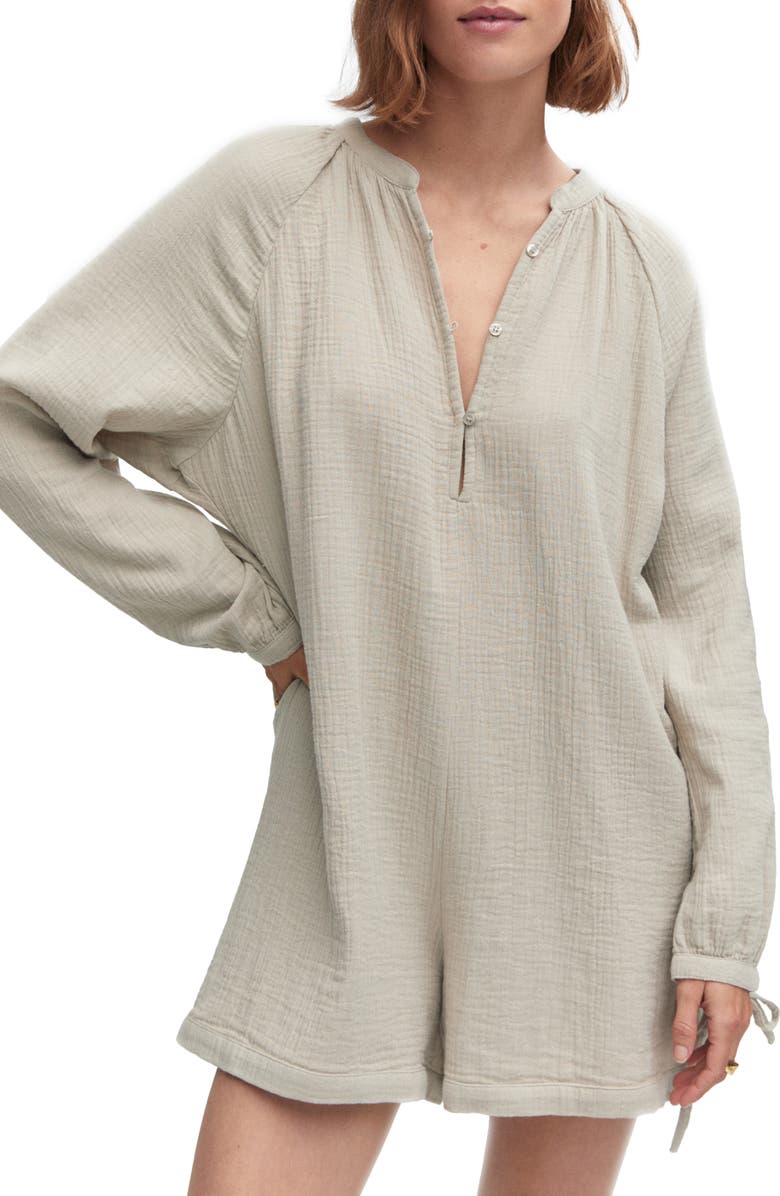 MANGO Long Sleeve Cotton Gauze Romper, Alternate, color, Light/ Pastel Grey