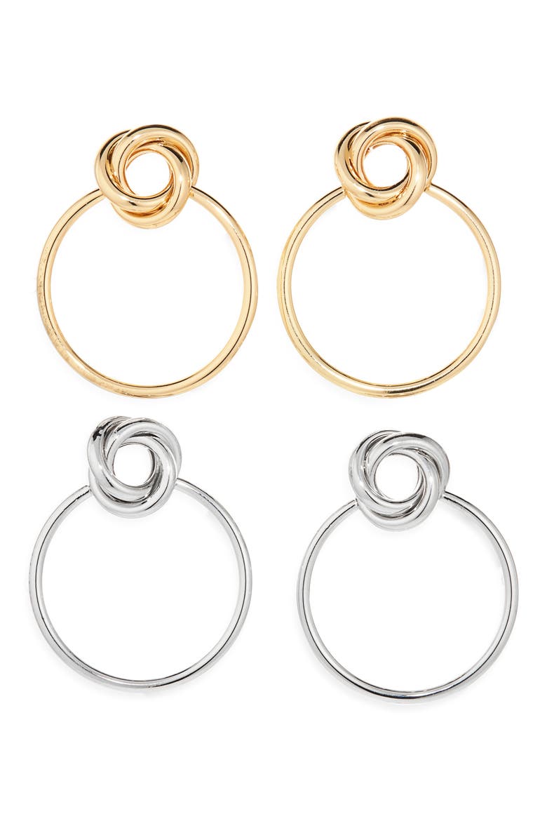 Set of 2 Knot Frontal Hoop Earrings, Main, color, GOLD/SILVER