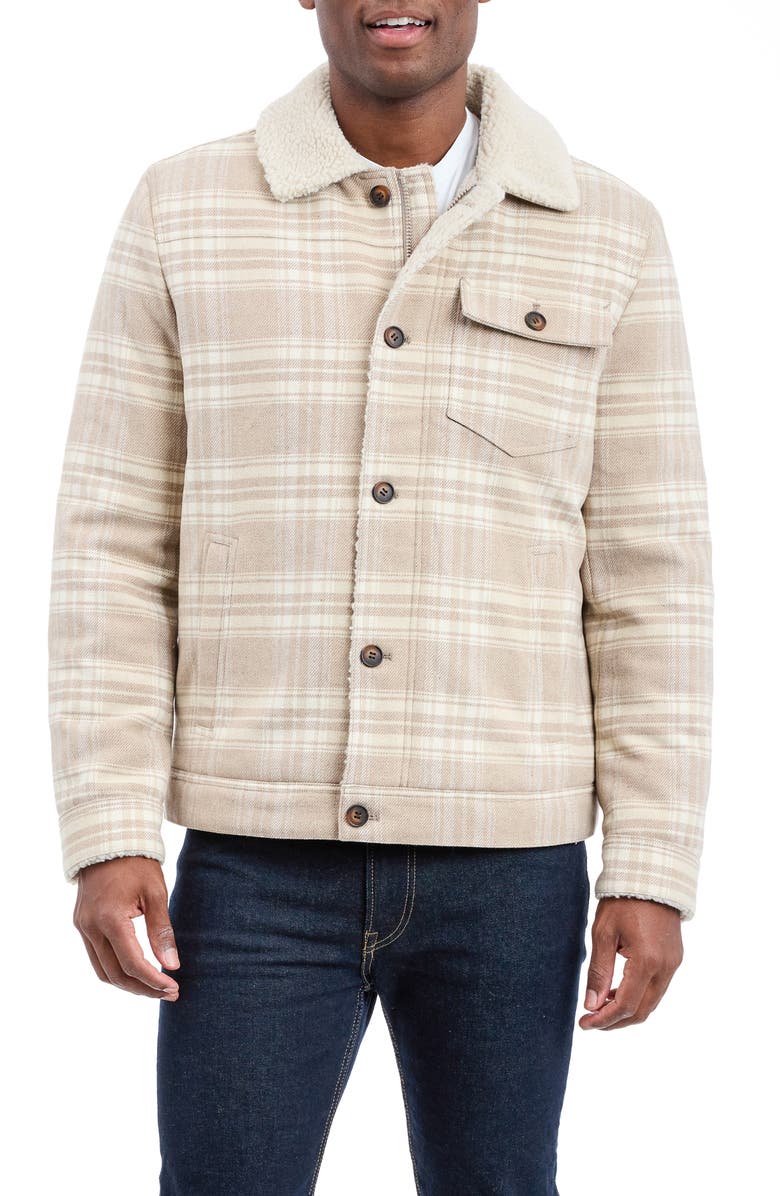 Lucky Brand Plaid Faux Shearling Lined Trucker Jacket, Main, color, Beige Plaid