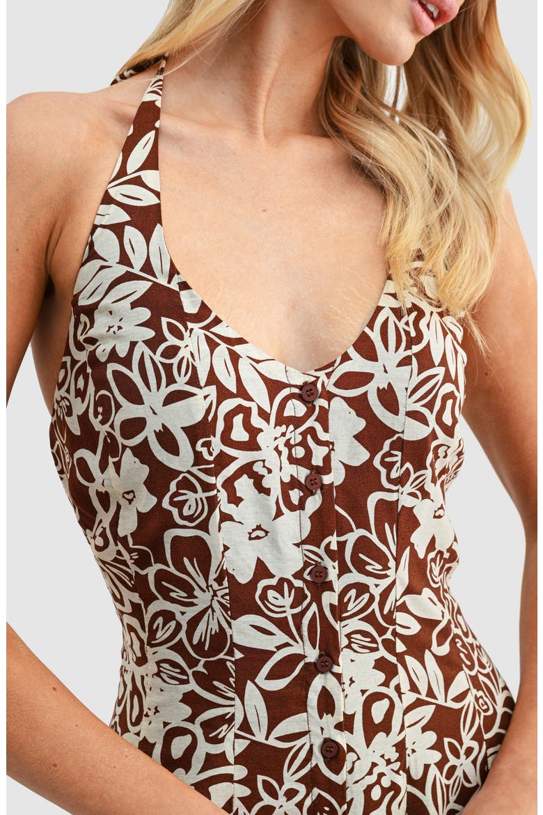 Floral Halter Neck Button Front Midi Dress, Alternate, color, BROWN CREAM FLORAL