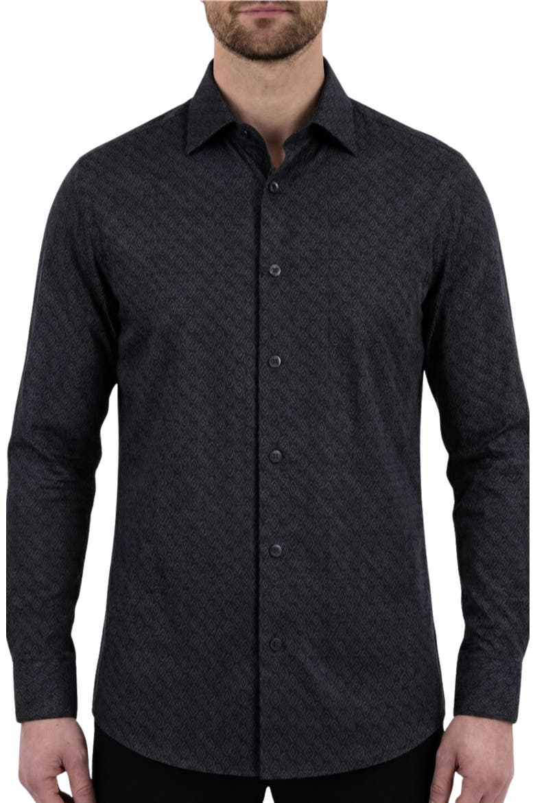Regular Fit Motif Print 4-Way-Stretch Button-Up Shirt, Main, color, BLACK