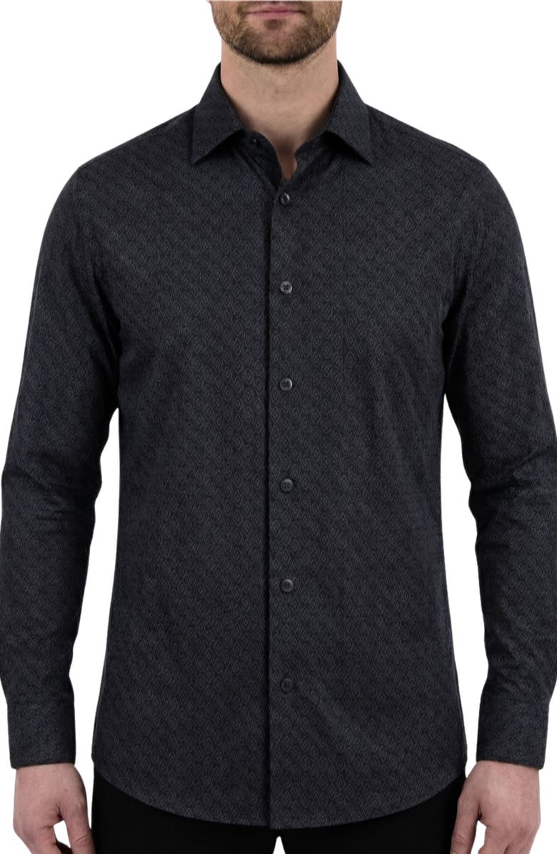 Report Collection Regular Fit Motif Print 4-Way-Stretch Button-Up Shirt, Main, color, Black