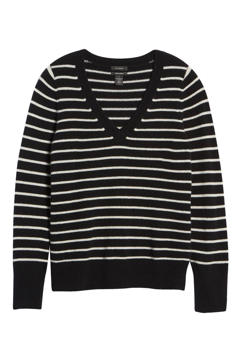 V-Neck Cashmere Sweater, Alternate, color, BLACK- IVORY STRIPE