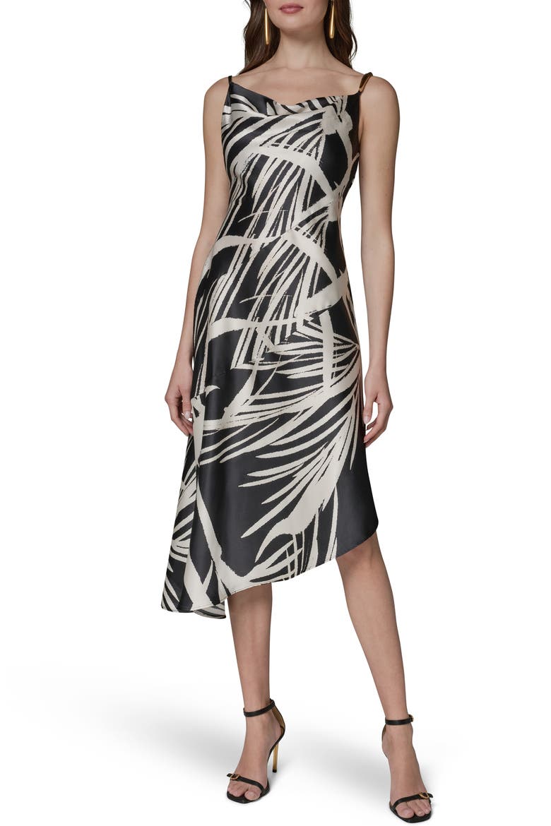 Print Cowl Neck Asymmetric Midi Dress, Main, color, BLACK CREAM