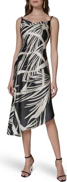 Donna Karan New York Print Cowl Neck Asymmetric Midi Dress