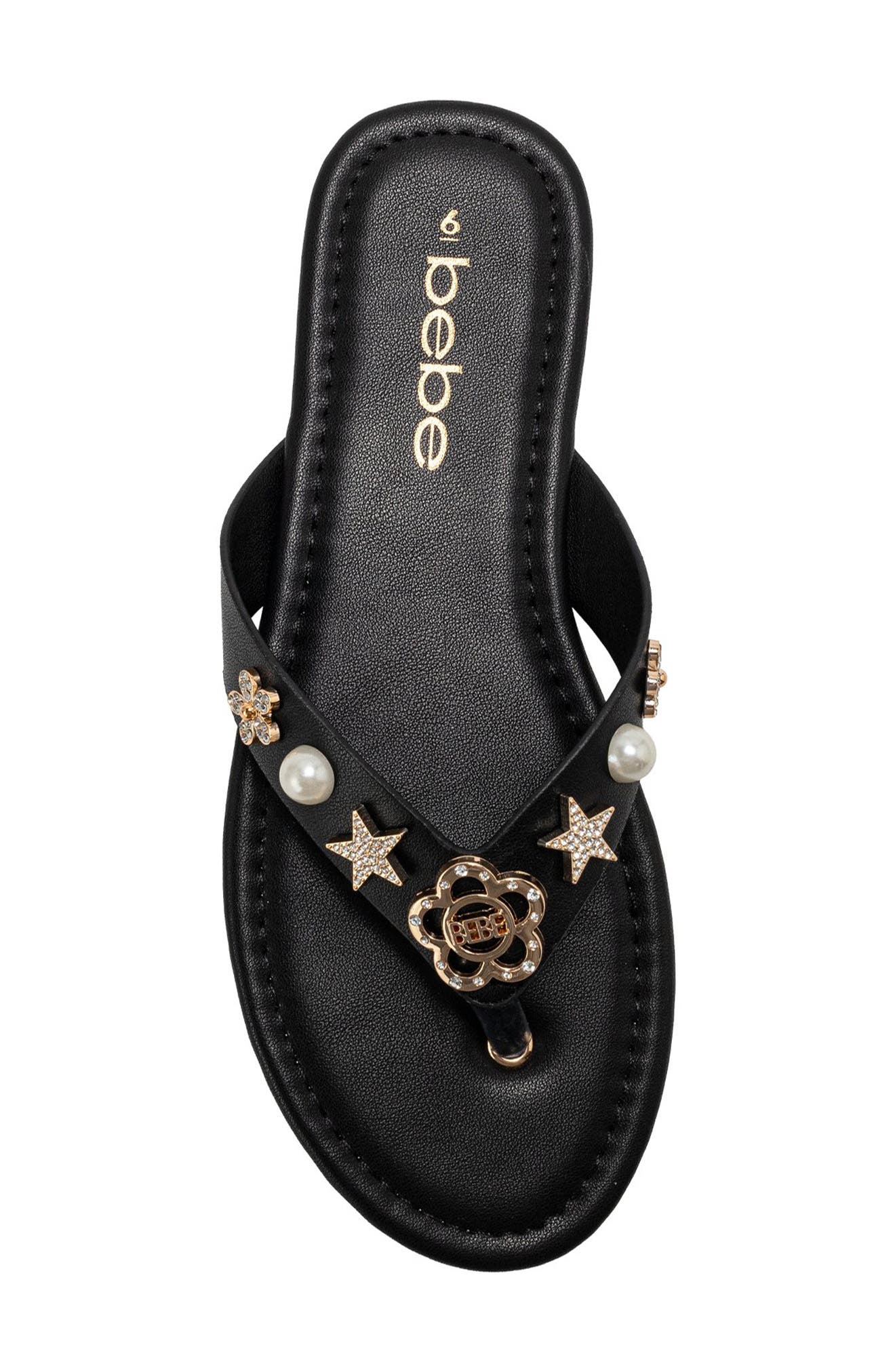 bebe Flower Charm Thong Sandal, Alternate, color, Black