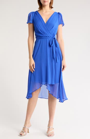 DKNY DKNY FLUTTER SLEEVE FAUX WRAP MIDI DRESS