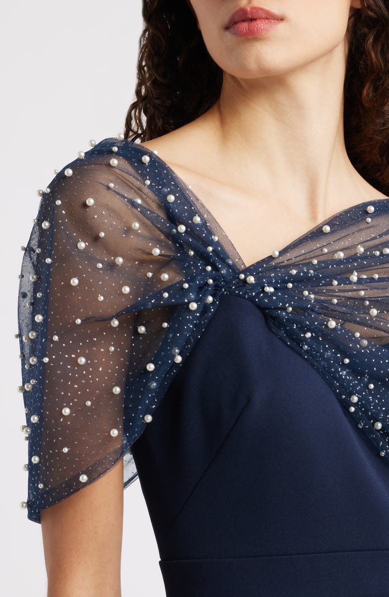 Eliza J Faux Pearl Mesh Detail Gown, Alternate, color, Navy