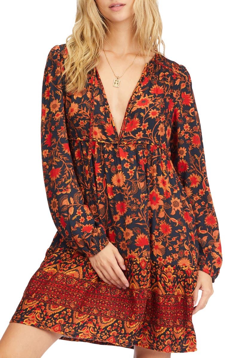 Billabong Hearts Desire Floral Print Long Sleeve Babydoll Minidress, Main, color, 