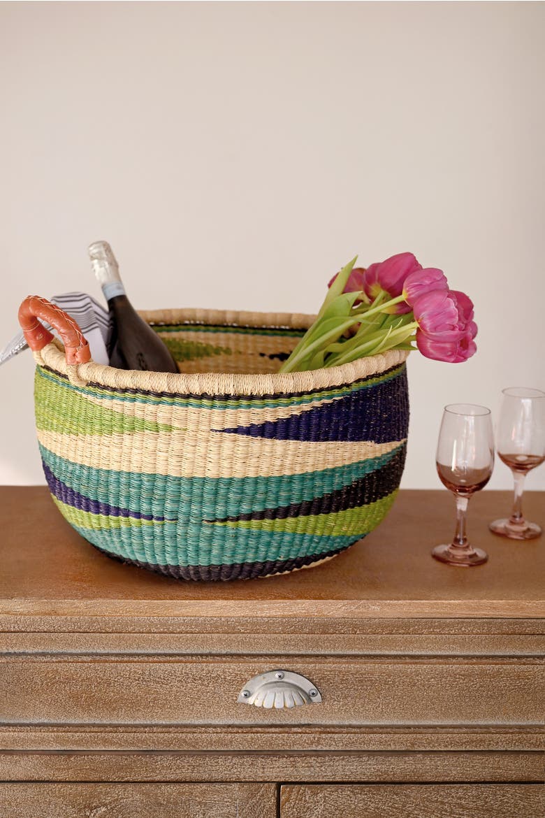 Shades of Blue Triangle Design Bolga Basket with Leather Handles, Alternate, color, Blue