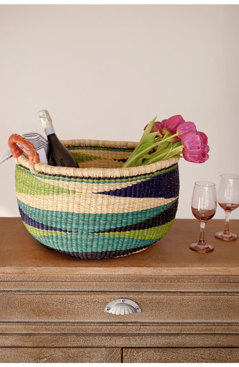 African Modern Shades of Blue Triangle Design Bolga Basket with Leather Handles, Alternate, color, Blue