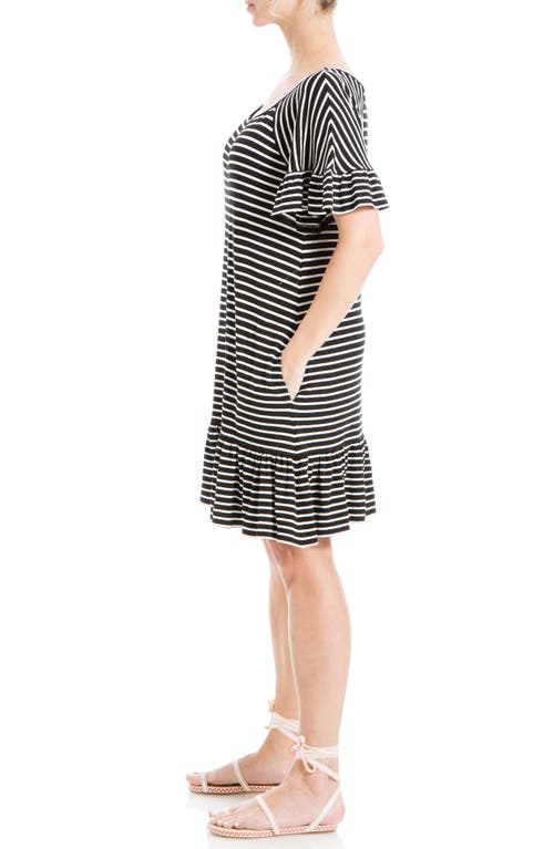 Max Studio Stripe Ruffle Short Sleeve Shift Dress In Black