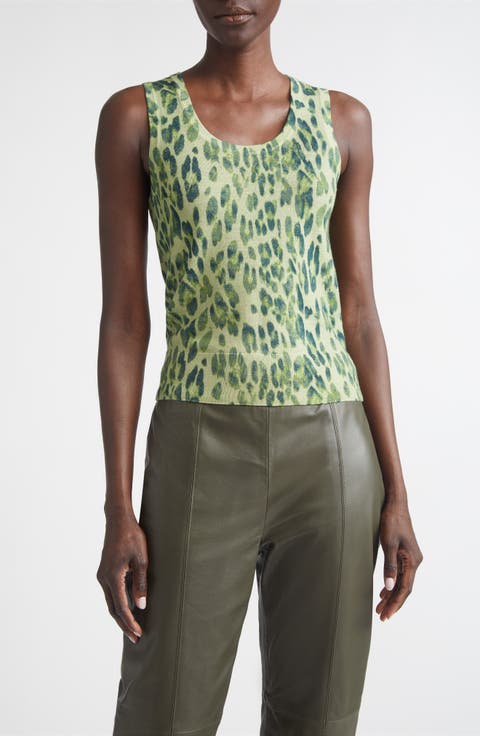 Fine Gauge Leopard Print Wool Blend Sweater Vest