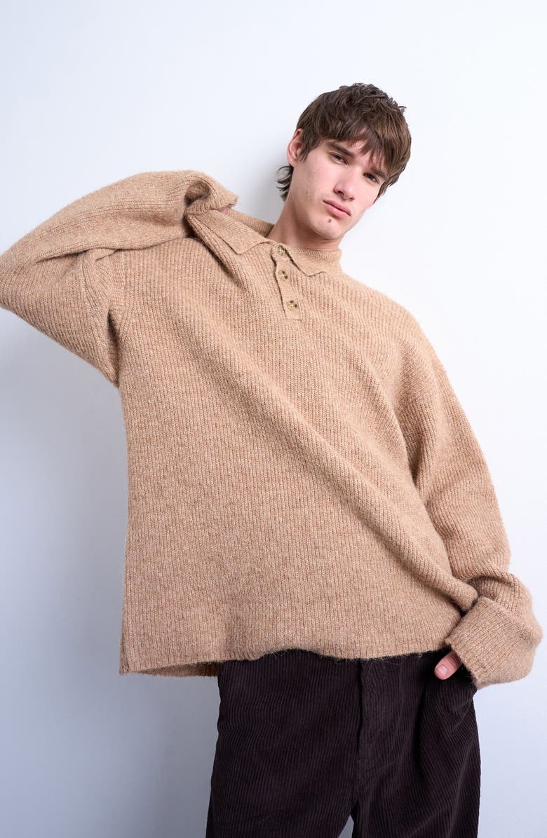 Topman Oversize Rib Polo Sweater, Alternate, color, Stone