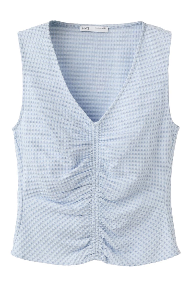 Micro Check Ruched Cotton Blend Top, Alternate, color, SKY BLUE