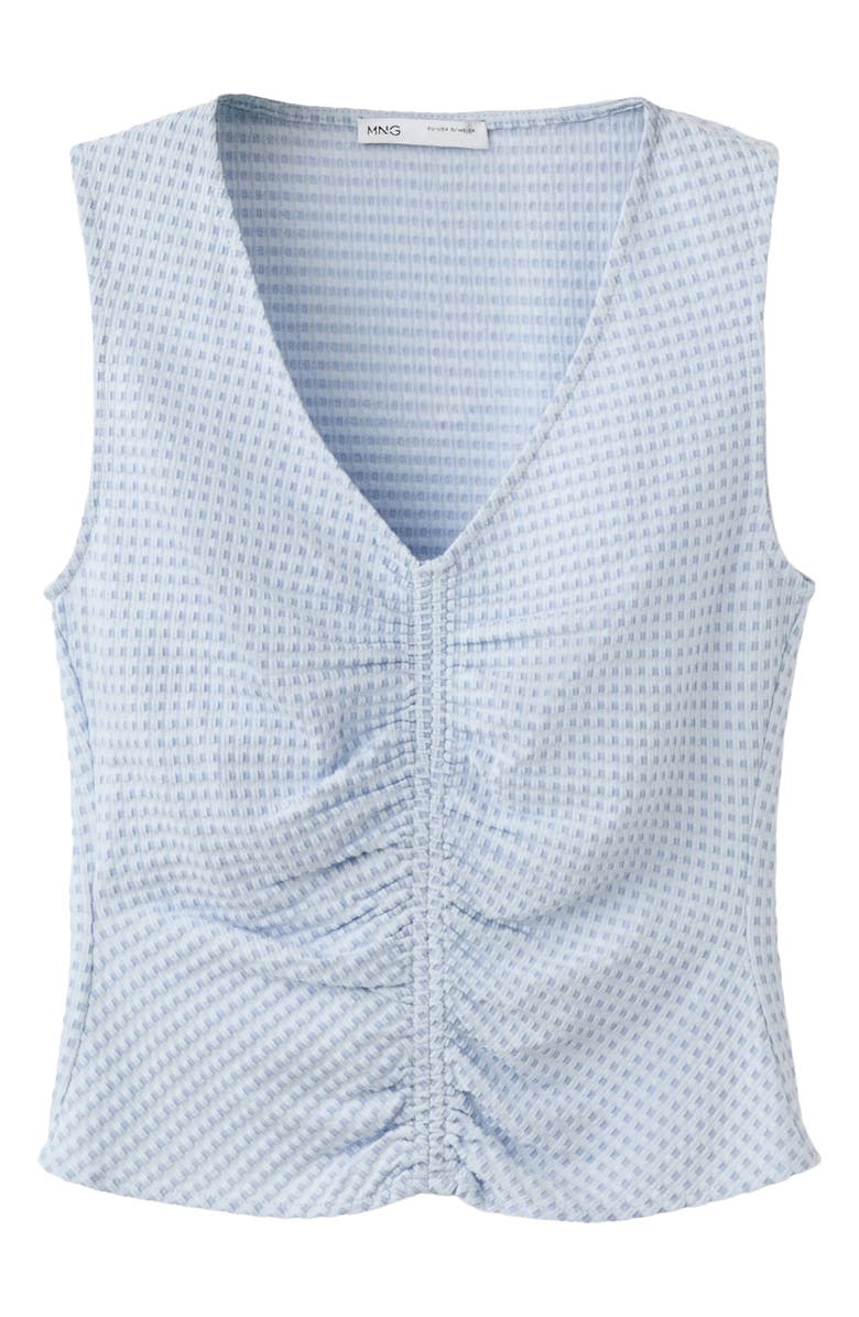 MANGO Micro Check Ruched Cotton Blend Top, Alternate, color, Sky Blue