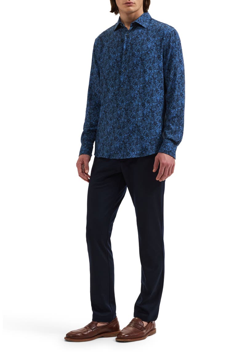 Julian Shaped Fit Leaf Print Button-Up Shirt, Alternate, color, MARINE BLUE