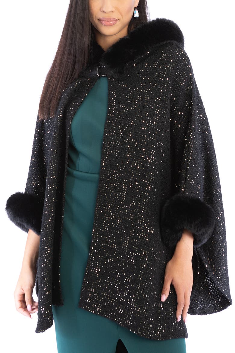 Stars Faux Fur Trim Hooded Ruana, Main, color, BLACK
