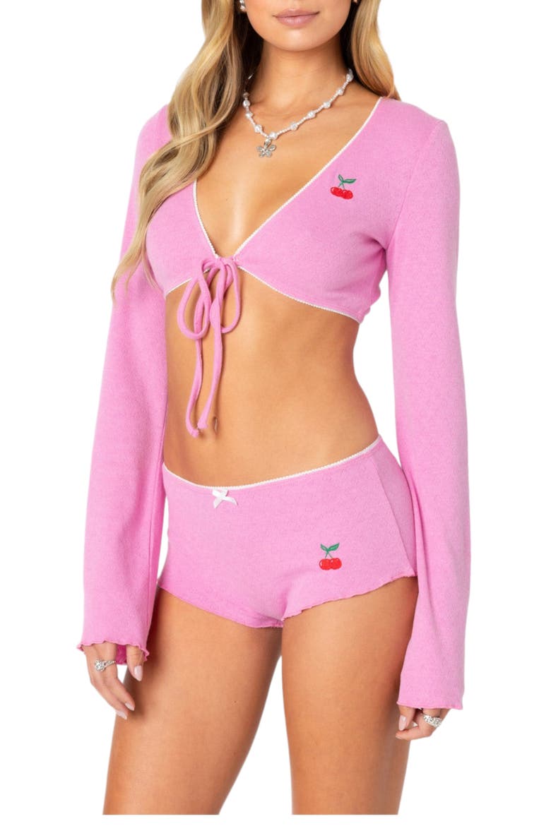 Cherrie Tie Front Pointelle Crop Top, Alternate, color, PINK