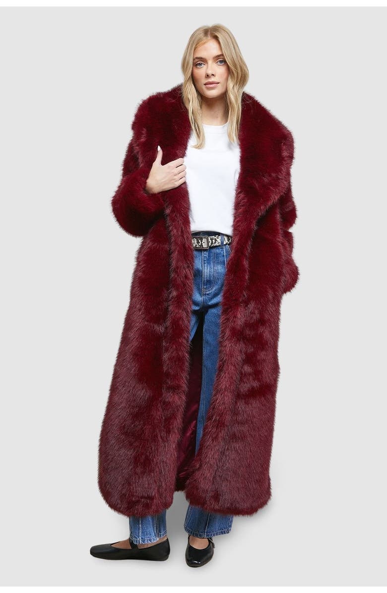 Oasis Maxi Faux Fur Plush Coat, Main, color, Burgundy