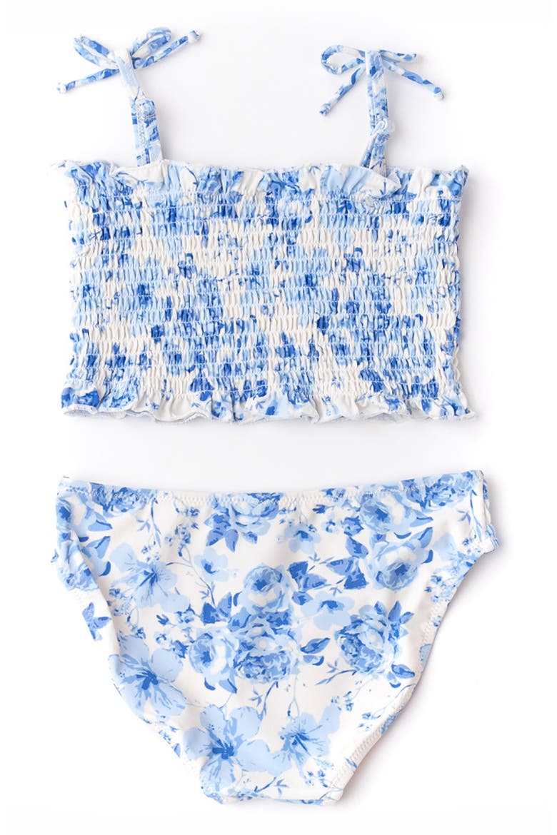 Kids' Hibiscus Rose Smocked Two-Piece UPF 50+ Swimsuit, Alternate, color, BLUE