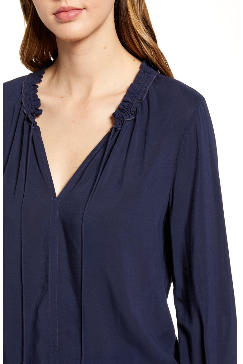 Ruffle Tie Neck Top, Alternate, color, POSTMAN BLUE