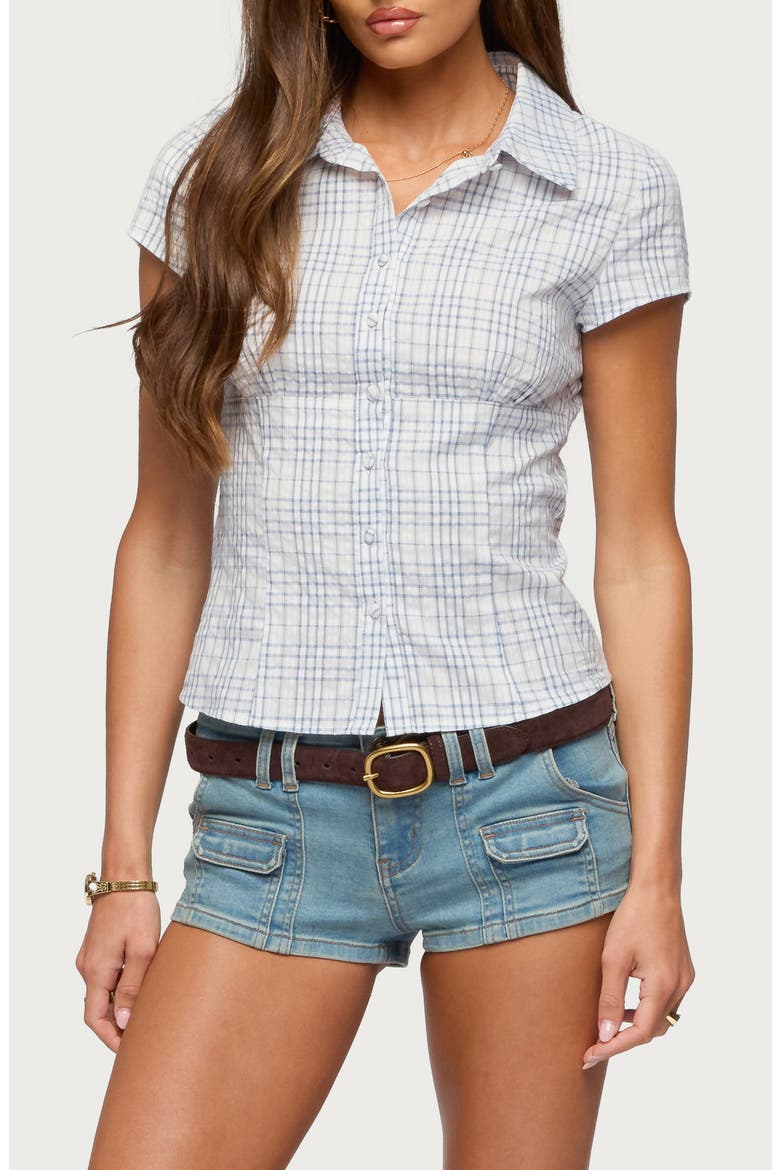 Naiah Plaid Short Sleeve Tailored Button-Up Shirt, Main, color, BLUE-AND-WHITE