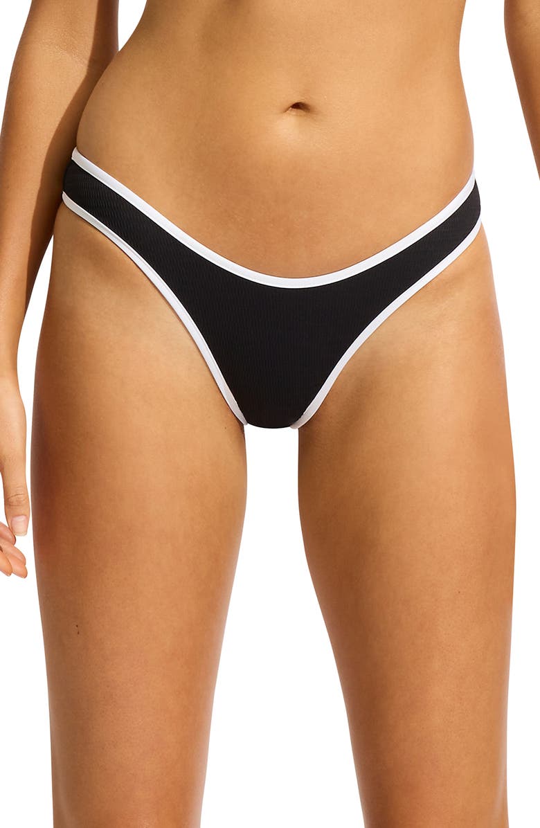 Seafolly Scoop High Cut Colorblock Bikini Bottoms, Main, color, Black