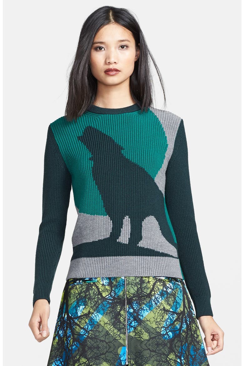 'Green Moon Wolf' Intarsia Knit Sweater, Main, color, GREEN