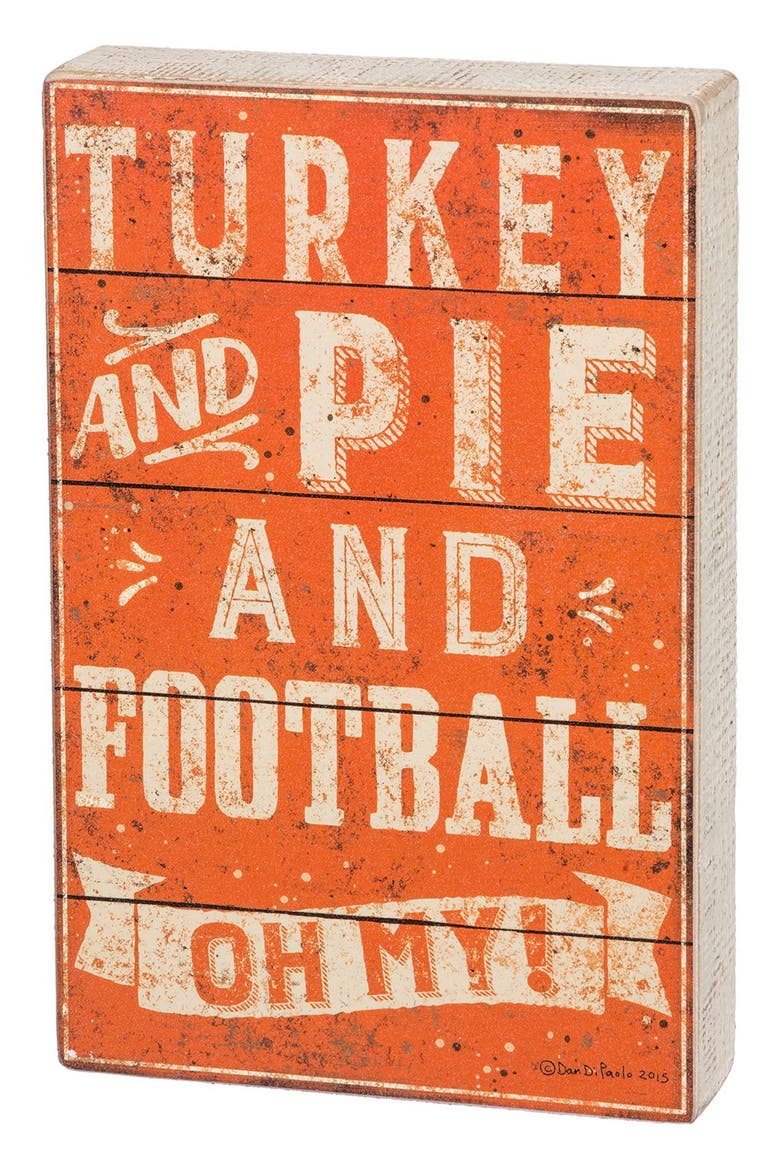 'Turkey and Pie and Football Oh My!' Wood Box Sign, Main, color, ORANGE MULTI