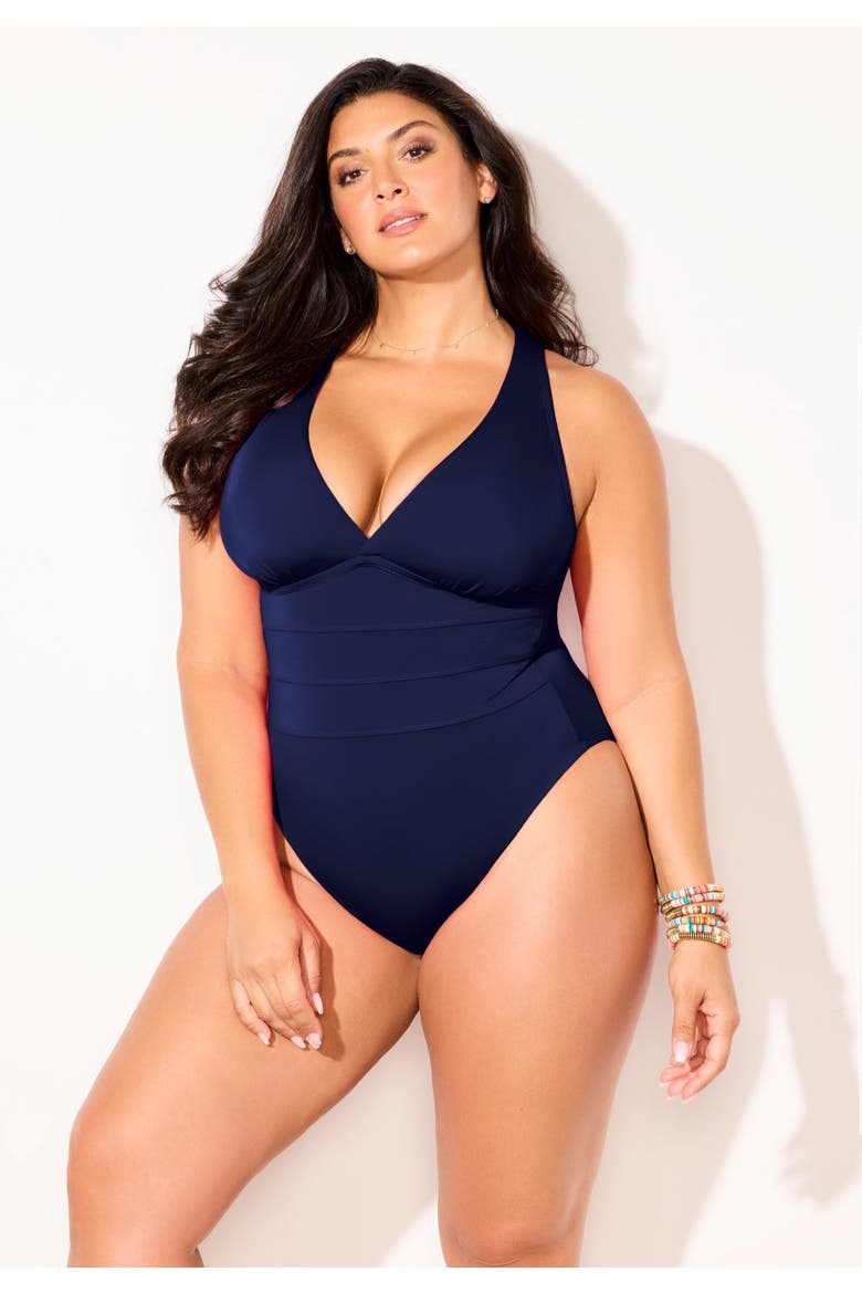Crossback V-Neck One Piece Swimsuit, Alternate, color, Navy