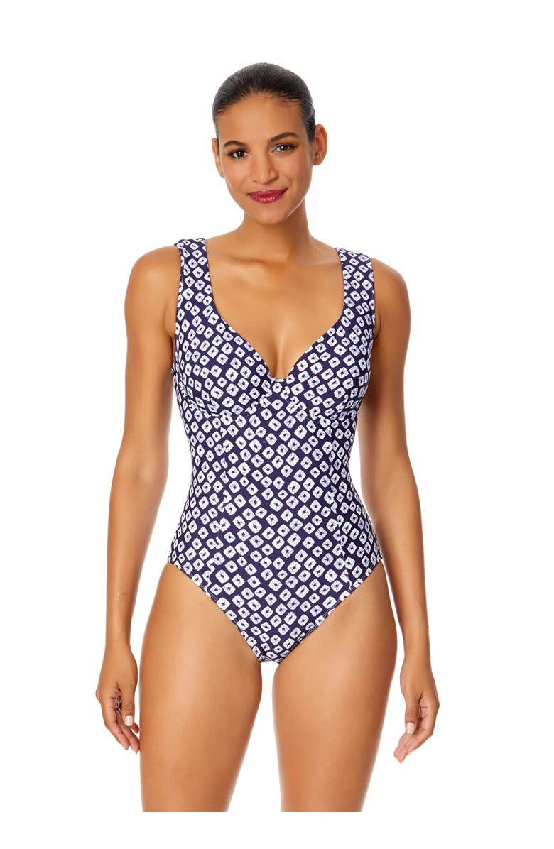 Anne Cole Women's Shibori Geo Underwire Panel One Piece Swimsuit, Main, color, Shibori Geo Blue