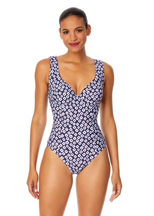 Shop Anne Cole Shibori Geo Underwire Panel One Piece Swimsuit In Shibori Geo Blue