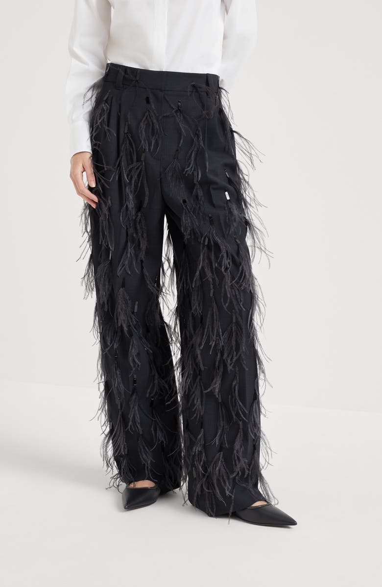 Brunello Cucinelli Tropical luxury wool tailored relaxed trousers with dazzling feather embroidery, Alternate, color,
