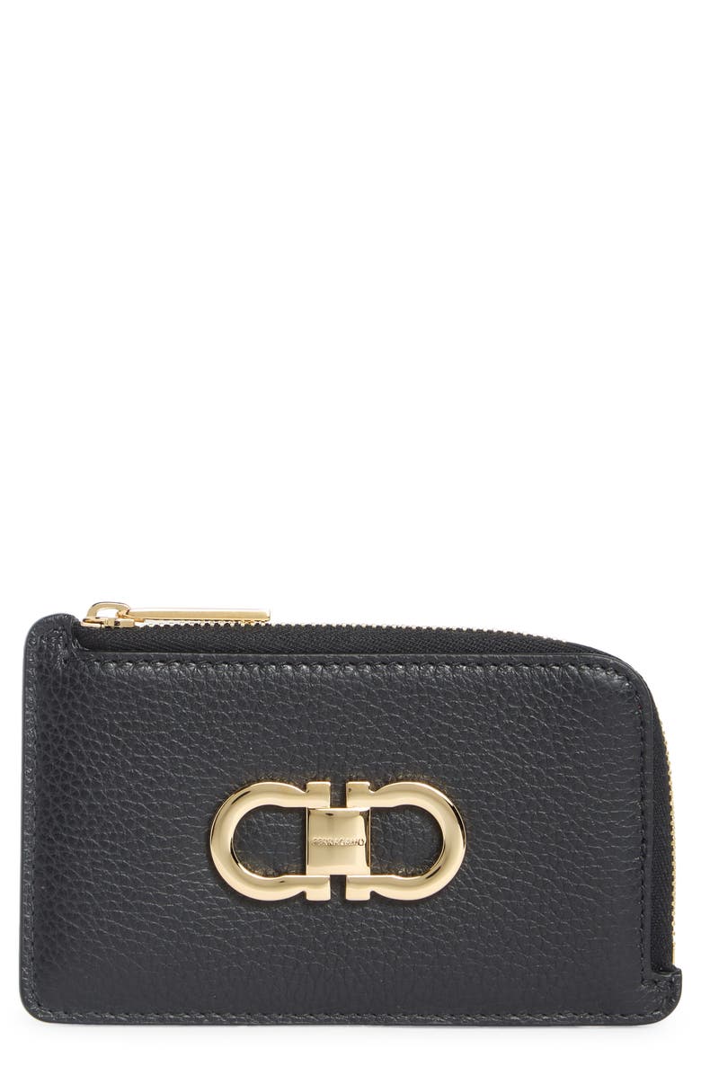 FERRAGAMO Portacarte Leather Card Holder, Main, color, Nero Flame Red