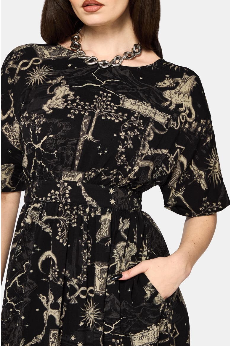 Isolde Medieval Map Tie Back Midi Dress, Alternate, color, Black