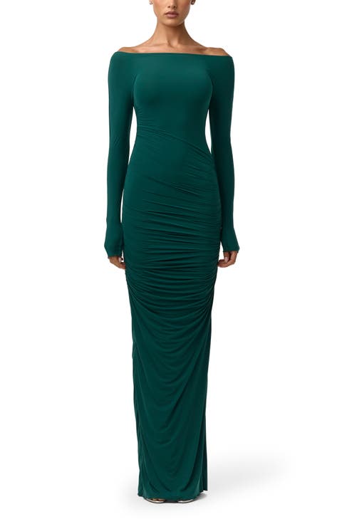 Ruched Off the Shoulder Long Sleeve Maxi Dress