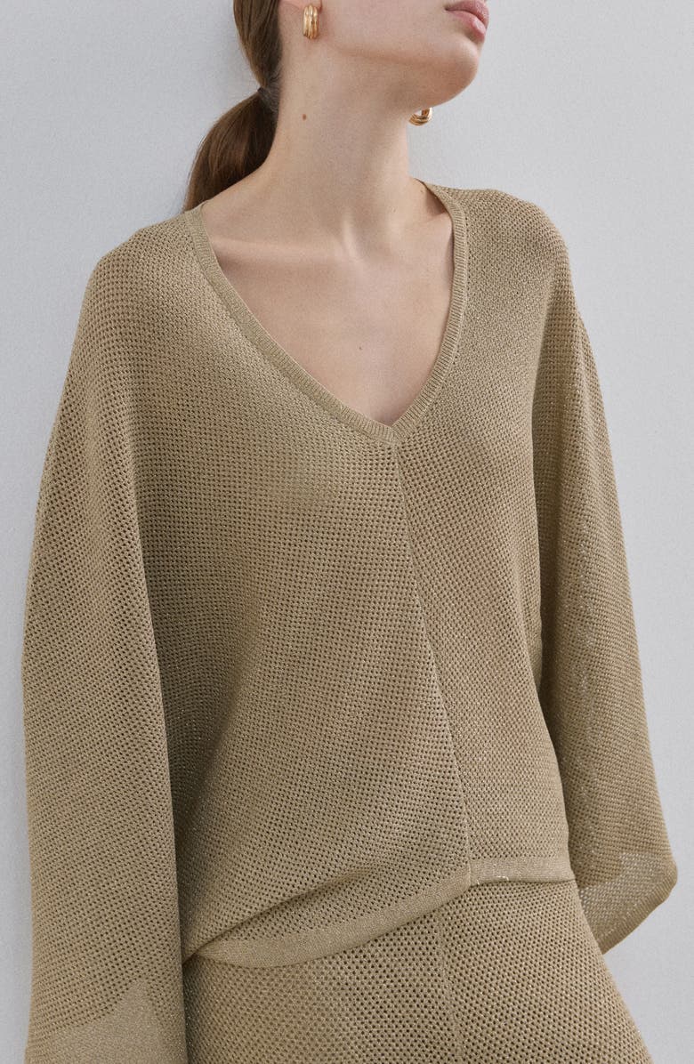 MANGO Metallic V-Neck Long Sleeve Knit Top, Main, color, 