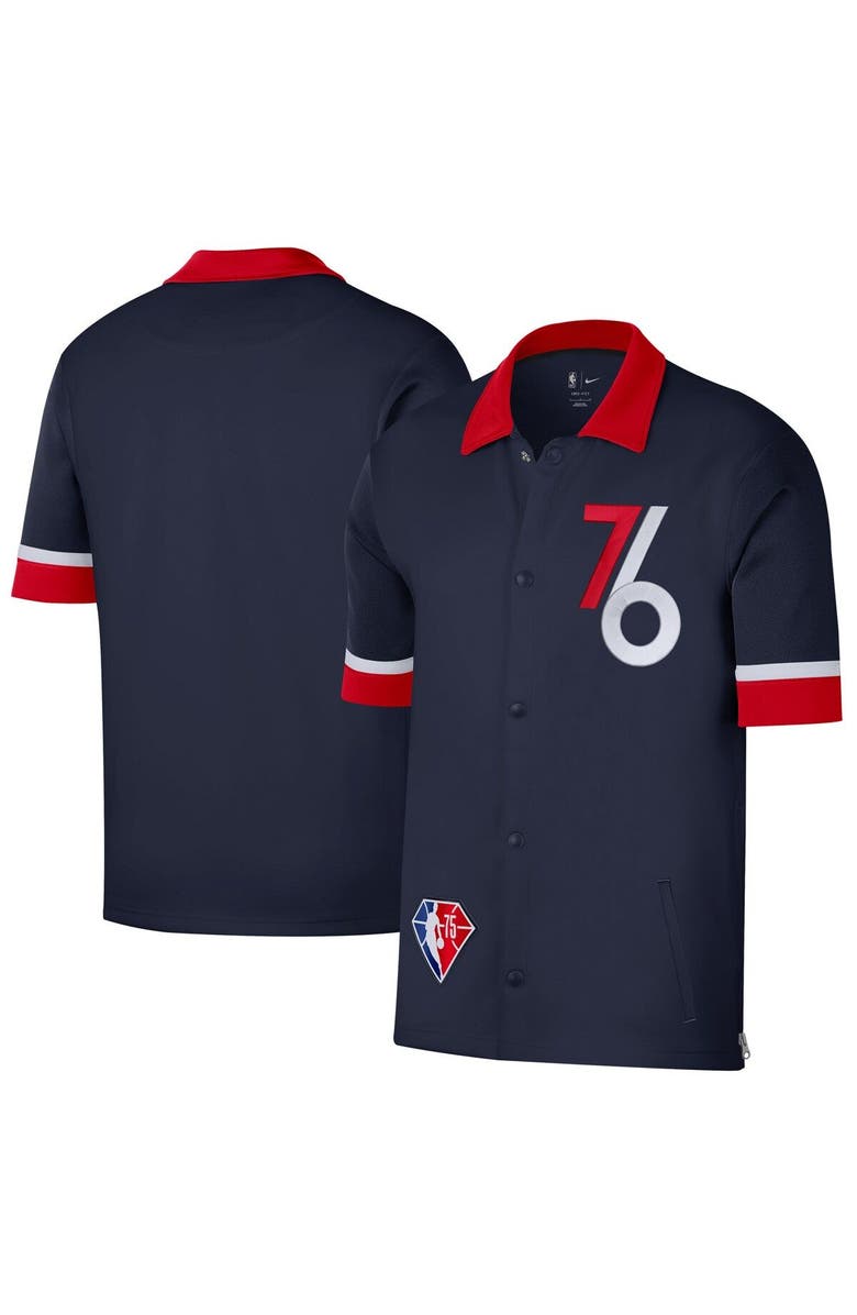 Nike Men's Nike Navy/Red Philadelphia 76ers 2021/22 City Edition Therma Flex Showtime Short Sleeve Full-Snap Collar Jacket, Main, color, 