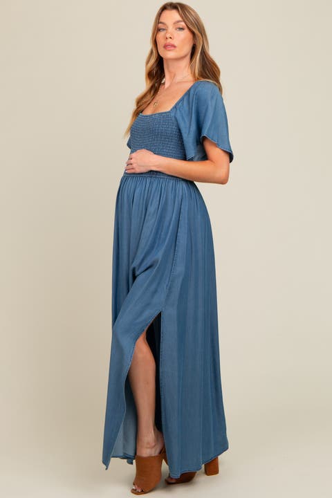 Chambray Smocked Maxi Dress