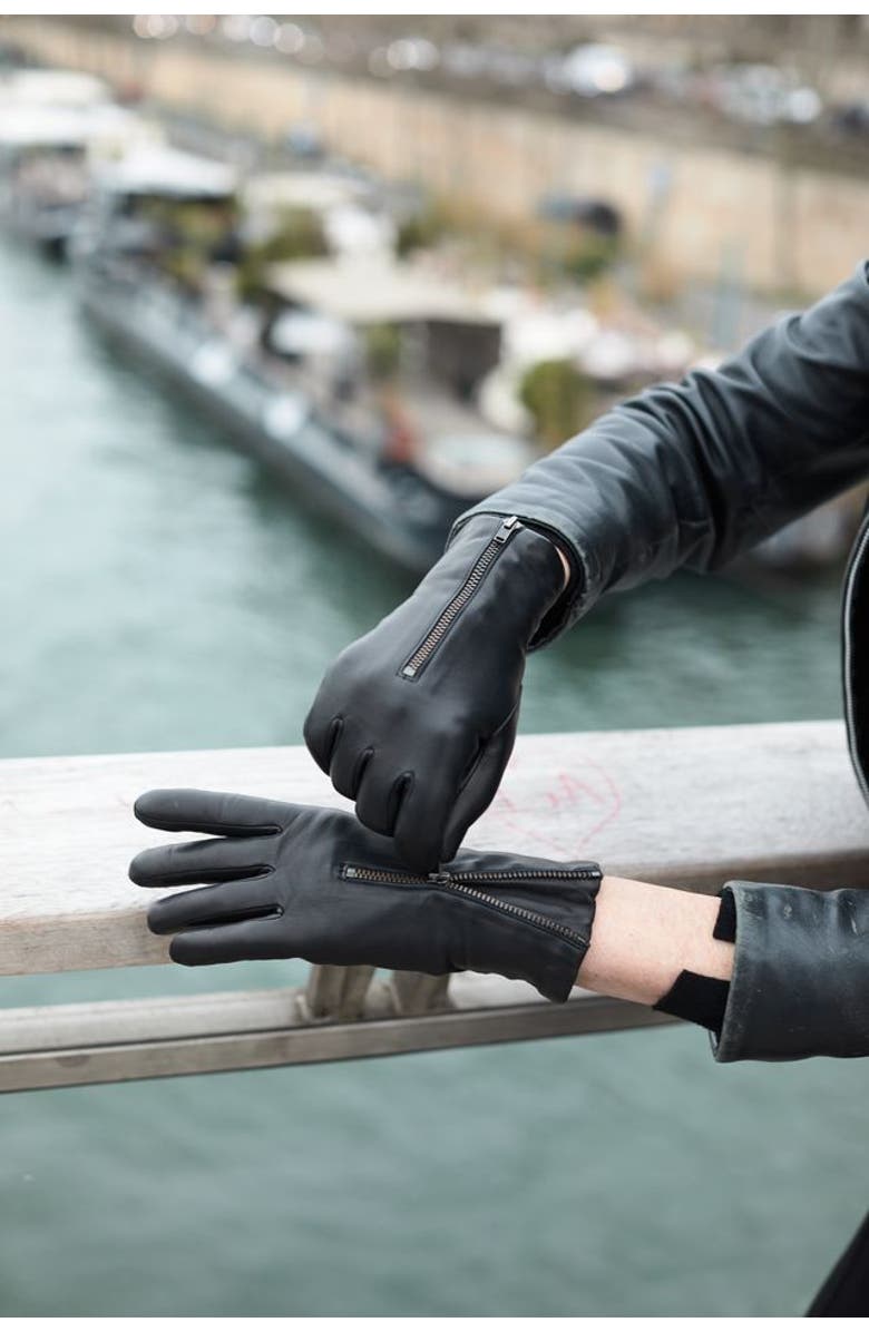 Agnelle Jane Lambskin Glove Lined in Cashmere with a Zipper, Alternate, color, Tnoir