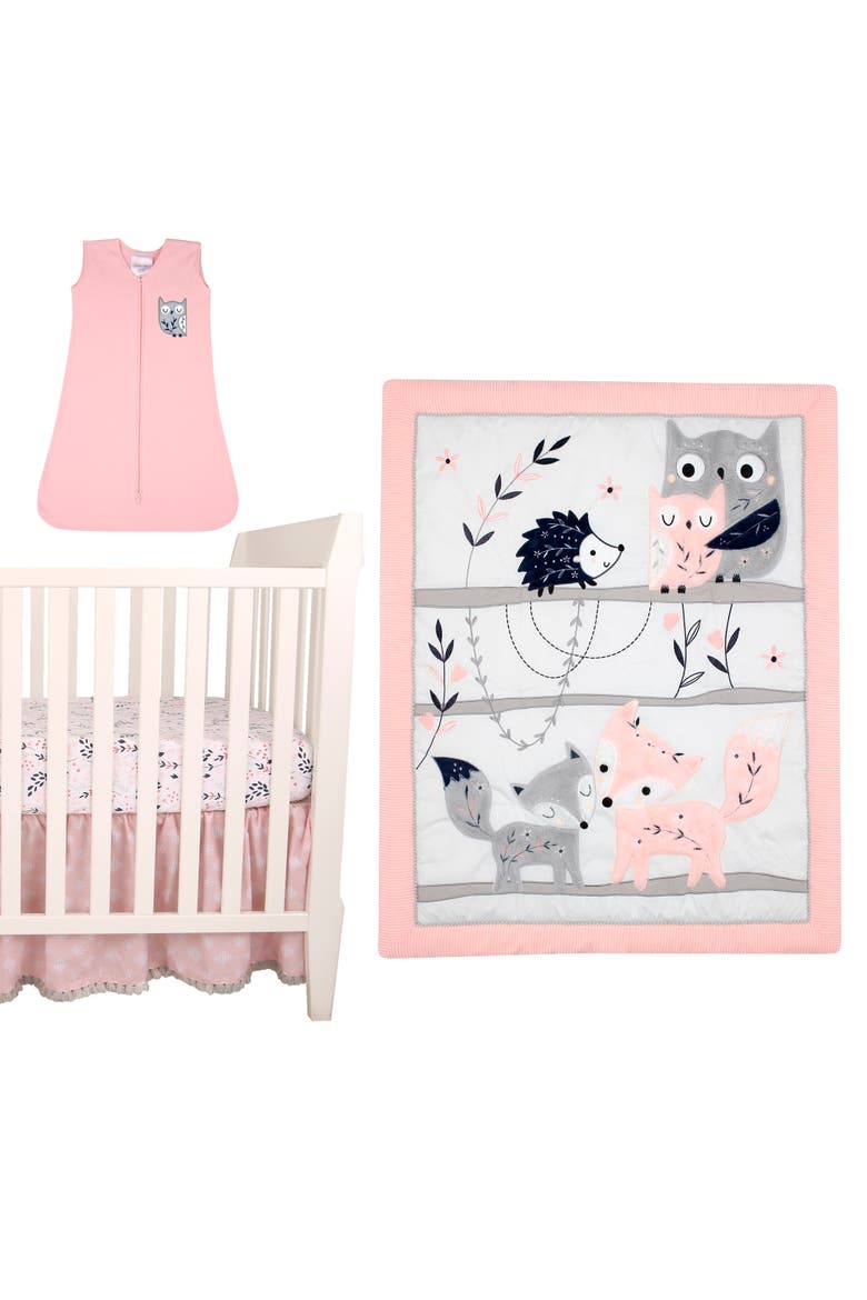 Forever Friends Woodland Fox/Owl 4-Piece Nursery Crib Baby Bedding Set, Main, color, Pink