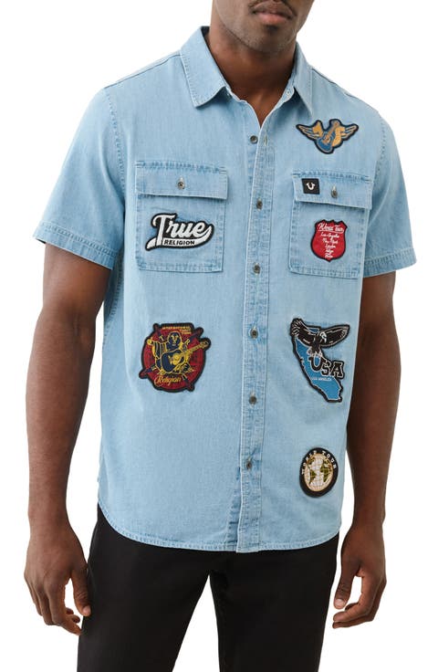 Logo Patch Short Sleeve Cotton Chambray Button-Up Work Shirt