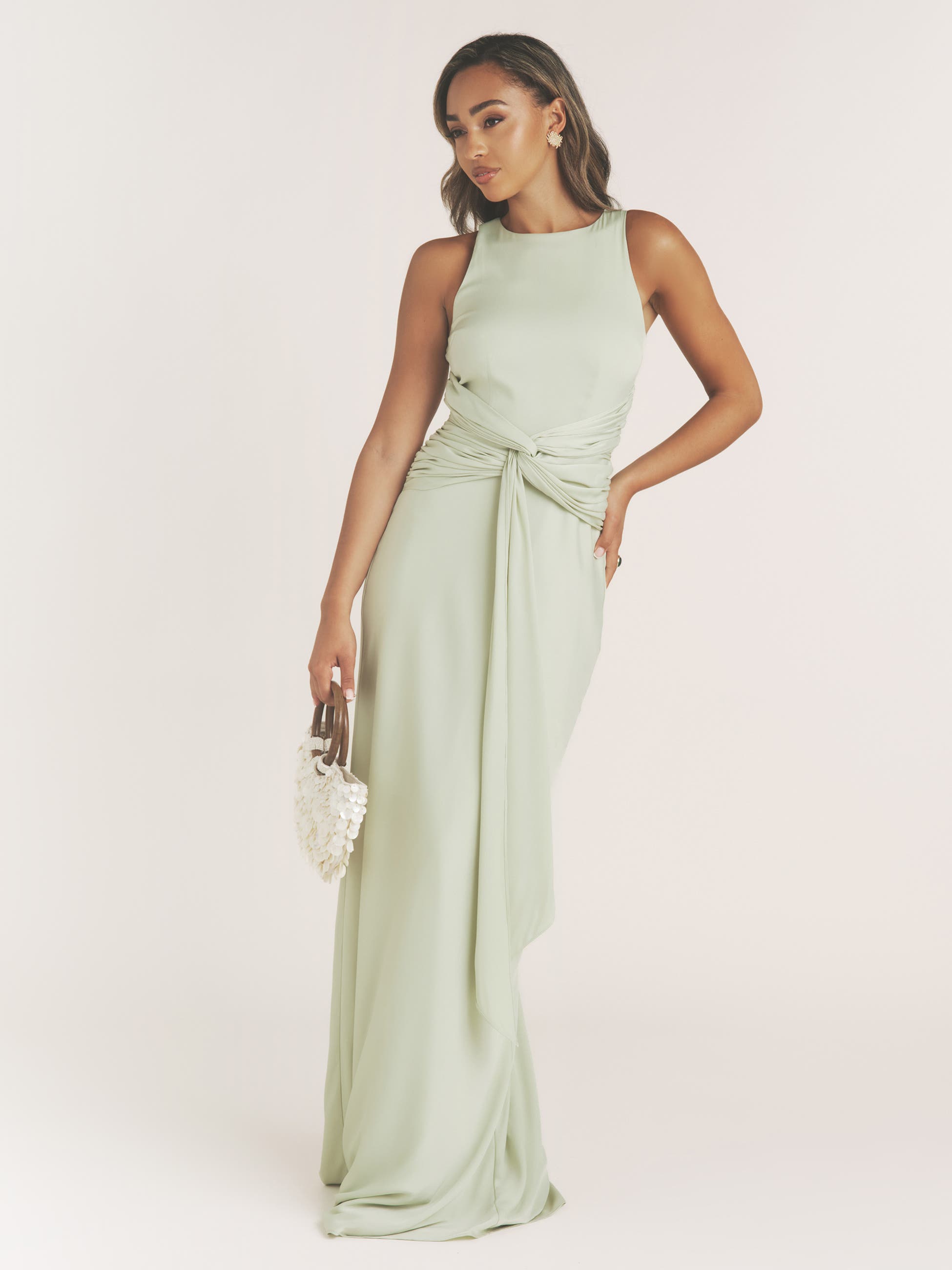Six Stories Abigail Halter Neck Knot Detail Dress in Sage 