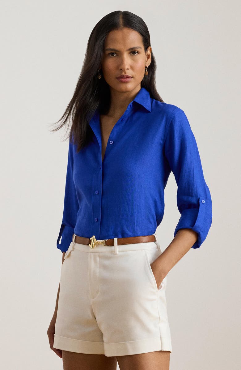 Lauren Ralph Lauren Karrie Linen Button-Up Shirt, Alternate, color, Blue
