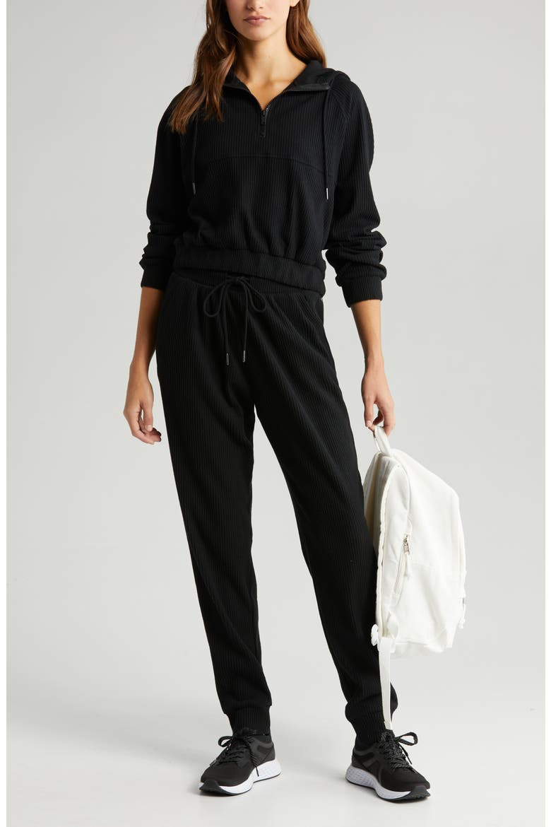 Cozy Rib Half Zip Hoodie, Alternate, color, BLACK