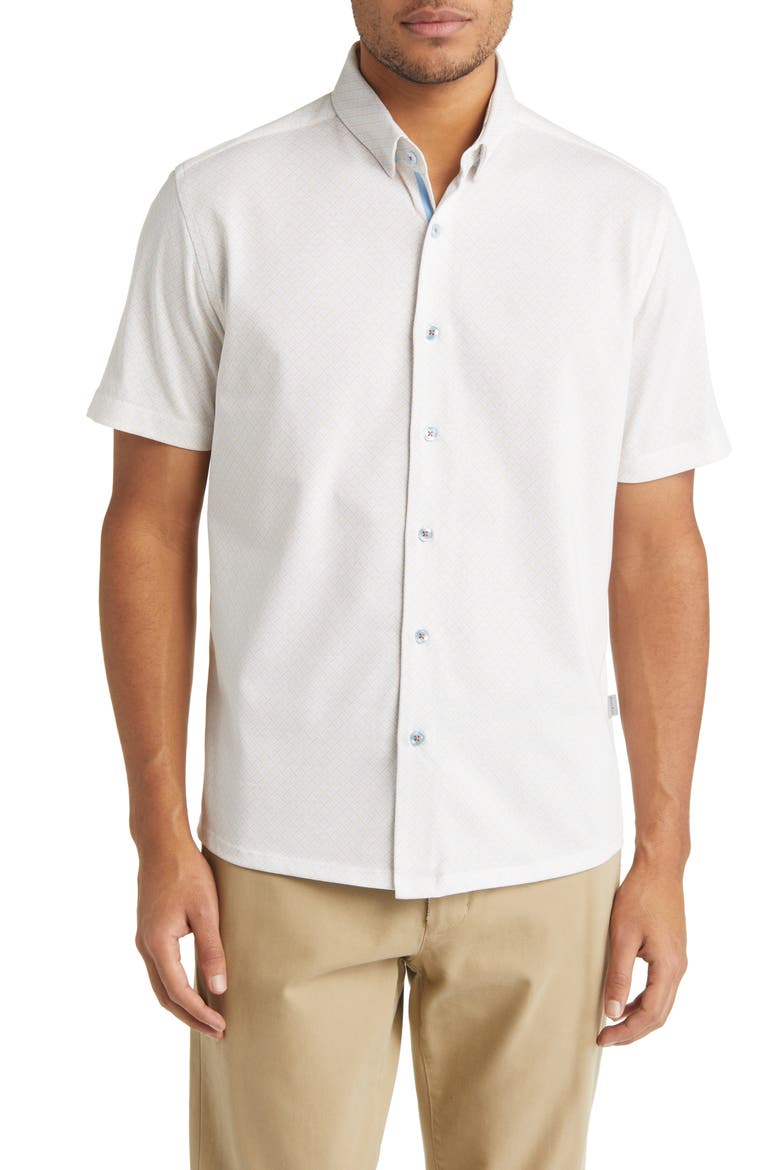 DRY TOUCH® Performance Geometric Print Short Sleeve Button-Up Shirt, Main, color, WHITE