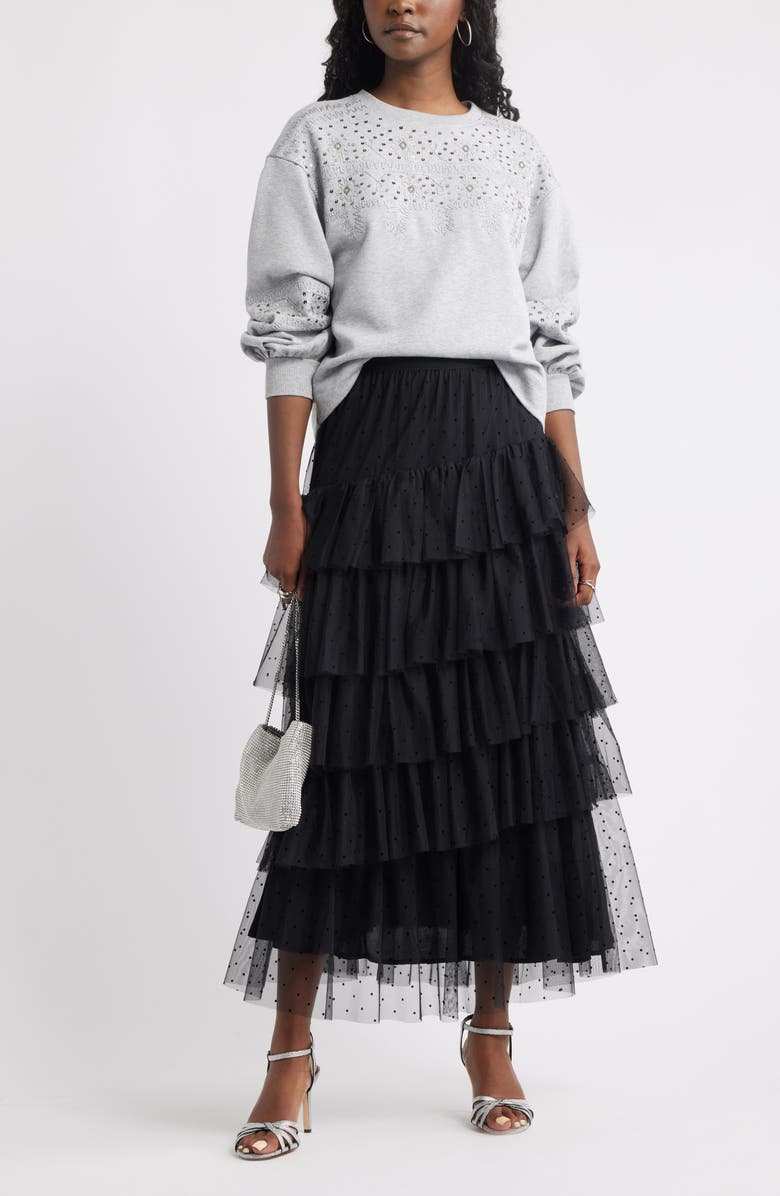 Treasure & Bond Flock Dot Tiered Tulle Maxi Skirt, Alternate, color, Black