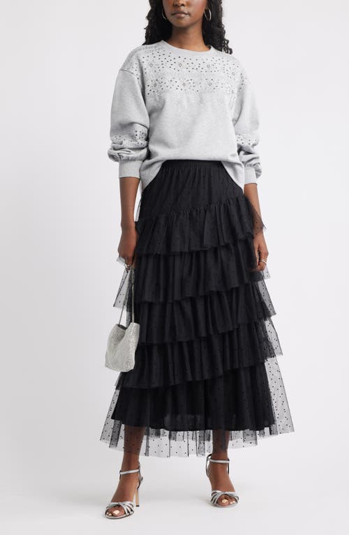 Treasure & Bond Flock Dot Tiered Tulle Maxi Skirt In Black