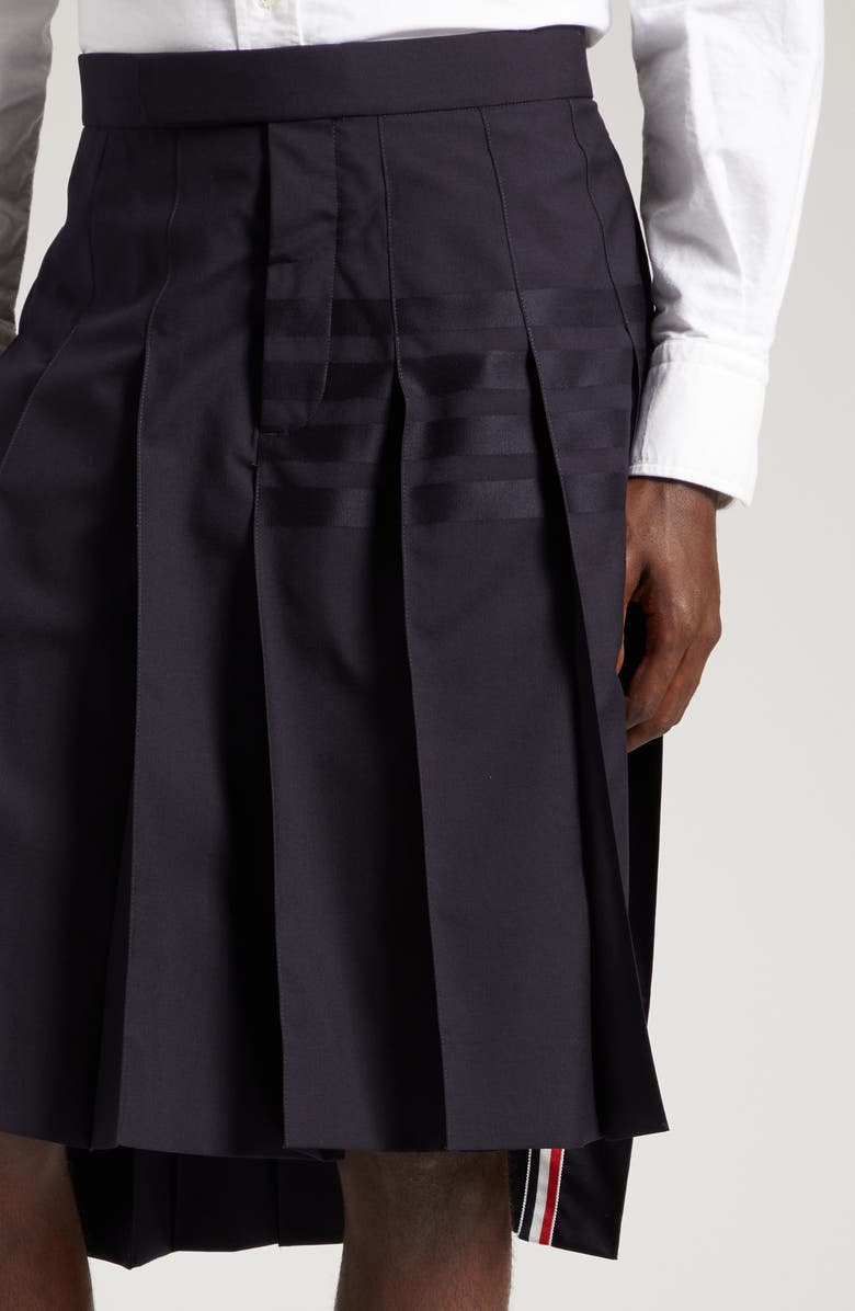Thom Browne 4-Bar Pleated Back Strap High-Low Wool Skirt, Alternate, color, Dark Blue